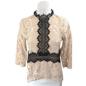NEW Zara Beige Black Contrast Lace 3/4 Sleeve High Neck Peplum Blouse Top Size S